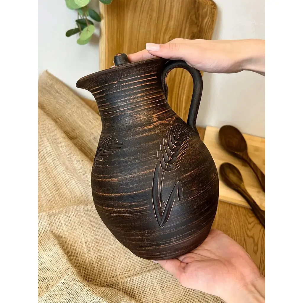 Кувшин 2.5 литра керамический (глиняный) резной с ручкой Колосок - фото 2