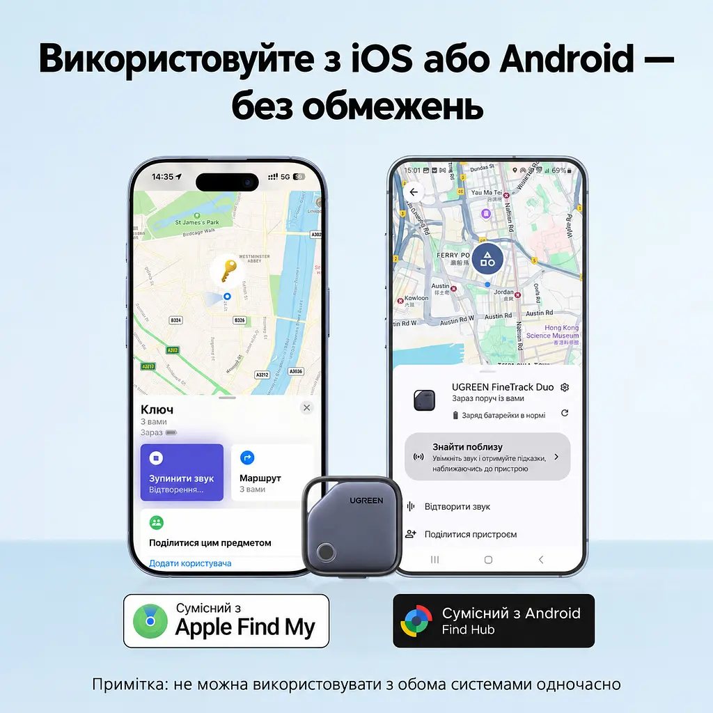 Bluetooth-трекери для пошуку речей UGREEN Finder Pro CM916 2 шт. AirTag пошукові мітки Apple Find My або Android Find Hub з перезаряджанням через USB-C зі звуковим пошуком зі сповіщеннями про залишені речі зі спільним доступом до місцезнаходження автономність до 365 днів синьо-сірі з чорною окантовкою (75646A) - фото 2