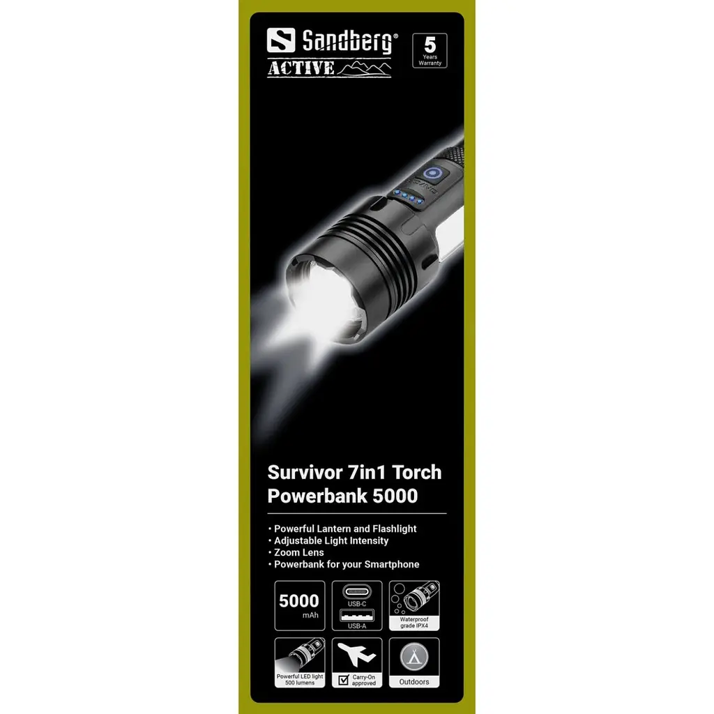 Ліхтарик-повербанк Sandberg Survivor 7 in 1 Torch Powerbank 5000 mAh XHP50 LED USB-C 5W (421-08) - фото 2