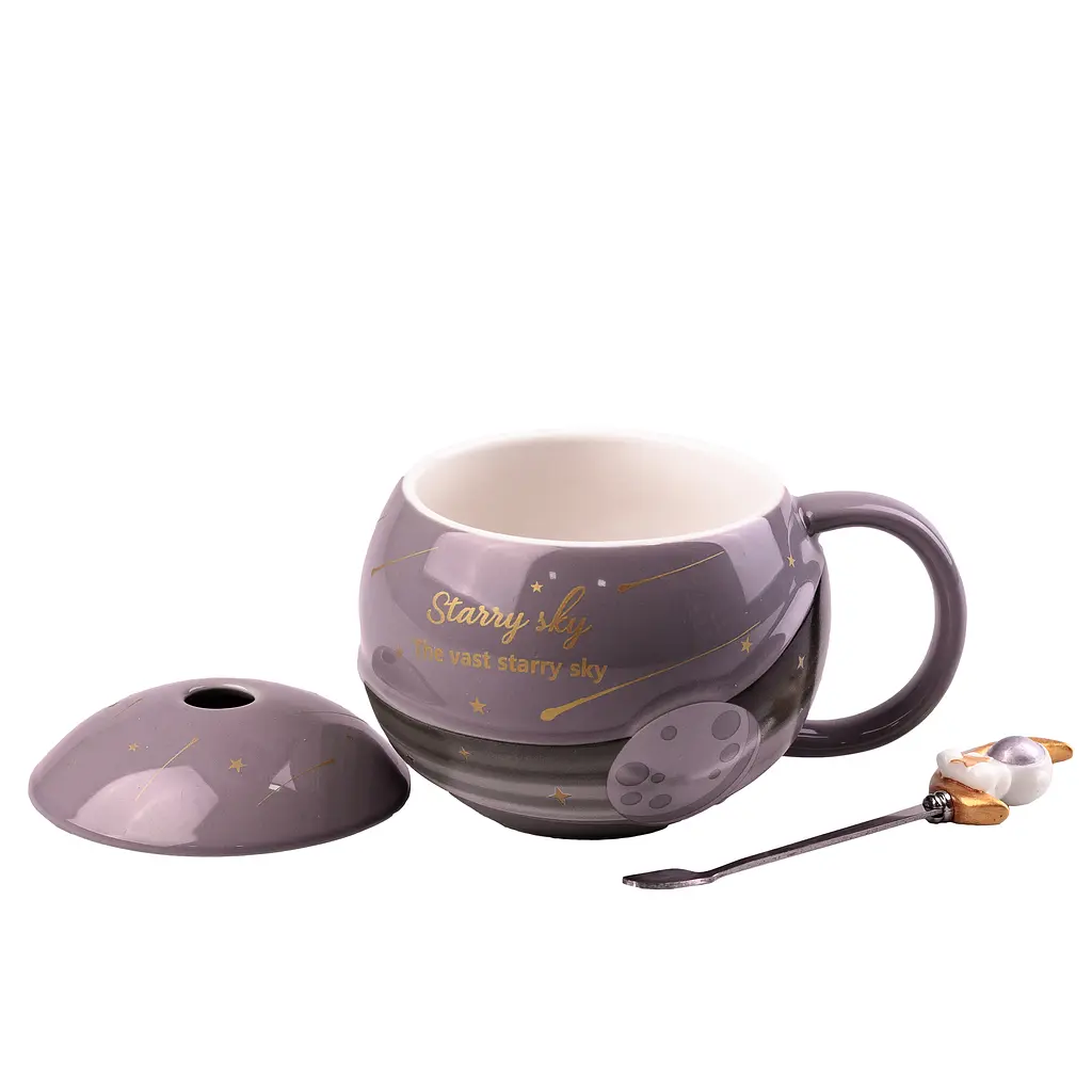 Чашка керамическая Happy Life Космонавт с крышкой и ложкой серая 400 мл HP877G - фото 2