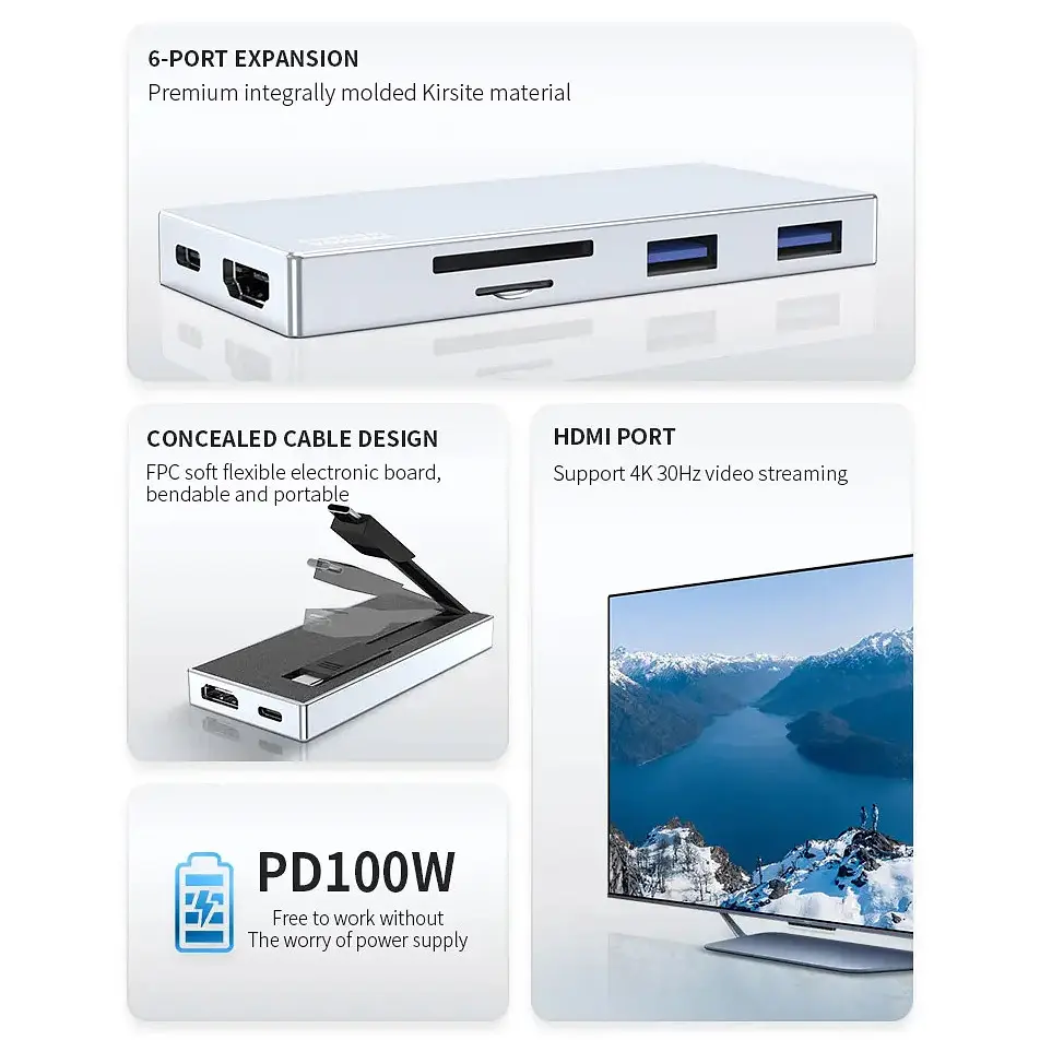 USB адаптер Vokamo HT2 6 в 1 HUB із вбудованим шнуром Type-C - фото 8