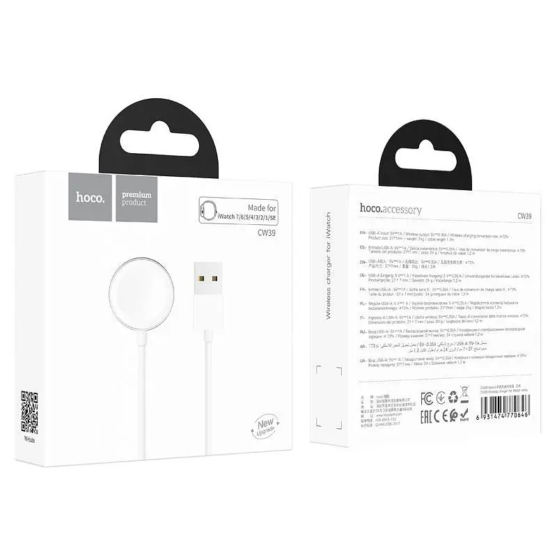 Зарядка магнитный кабель HOCO CW39 Wireless charger USB для iWatch 1 - 7 / SE белая - фото 9