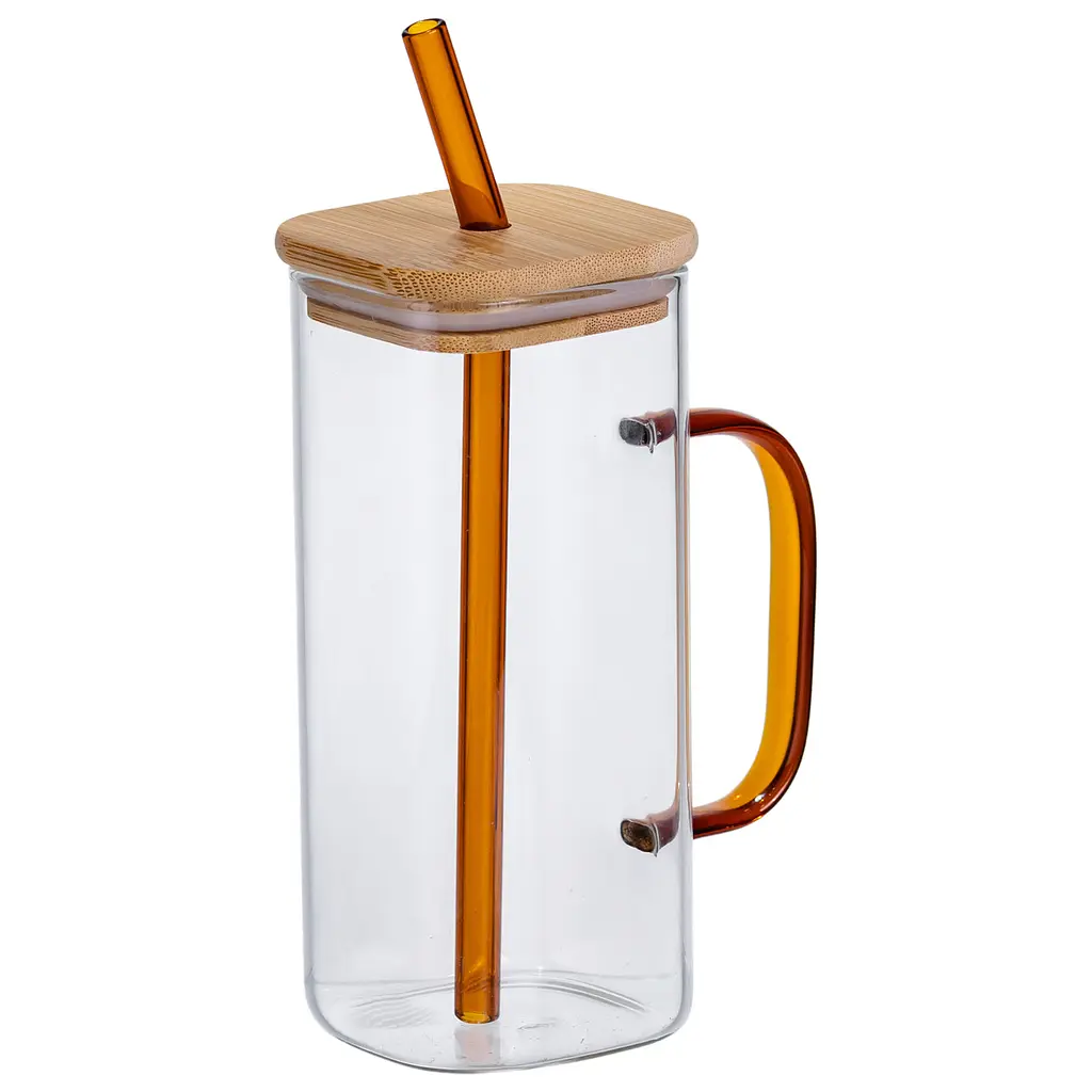 Чашка стеклянная 400 мл с бамбуковой крышкой и золотистой трубочкой Золотистый Yiwu HP-19-146GOLD - фото 2