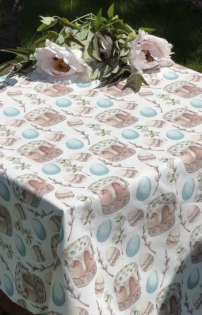 Водоотталкивающая Скатерть пасхальная Кулич 280х140 см (+ 6 салфетки 30х40) Голубой - фото 7