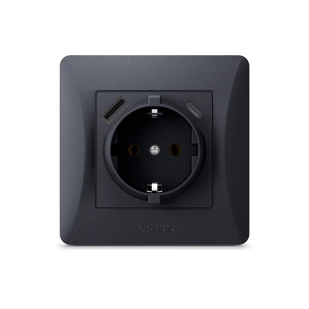 Розетка одинарна із заземленням з USB+USB-C чорний графіт VIDEX BINERA VIDEX (27865-000) - фото 2