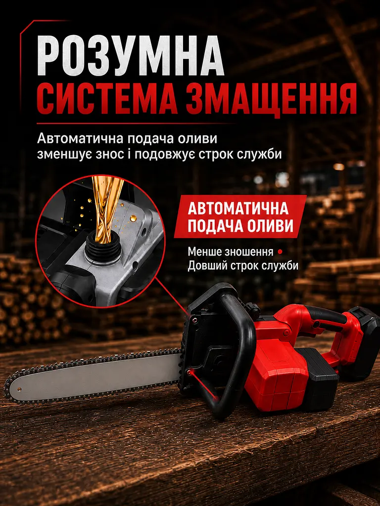 Акумуляторна ланцюгова пила 18" з автоподачею оливи, 2 АКБ і 2 зарядками, червона (49675889) - фото 5