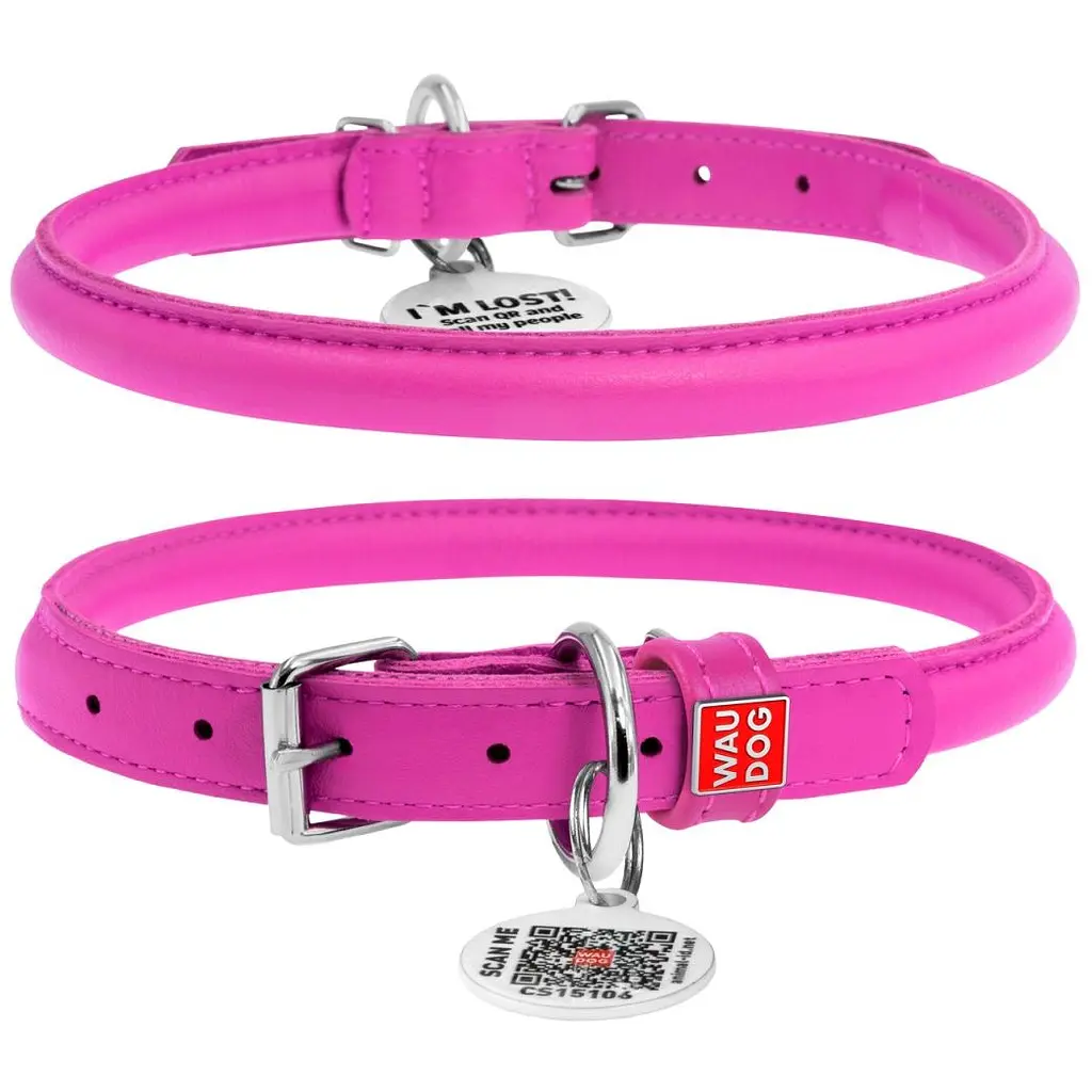 Нашийник для собак Waudog Glamour, круглий, шкіряний, з QR паспортом, L, 39-47х1 см, рожевий - фото 2