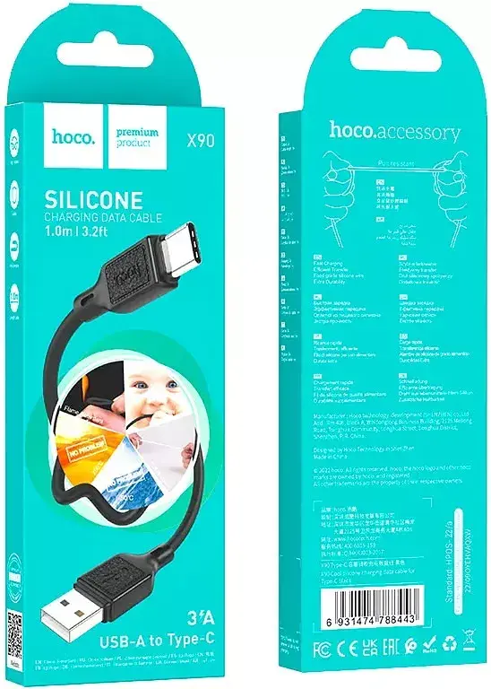 Кабель HOCO X90 Cool silicone charging data cable for Type-C 3A 1m Чорний - фото 2
