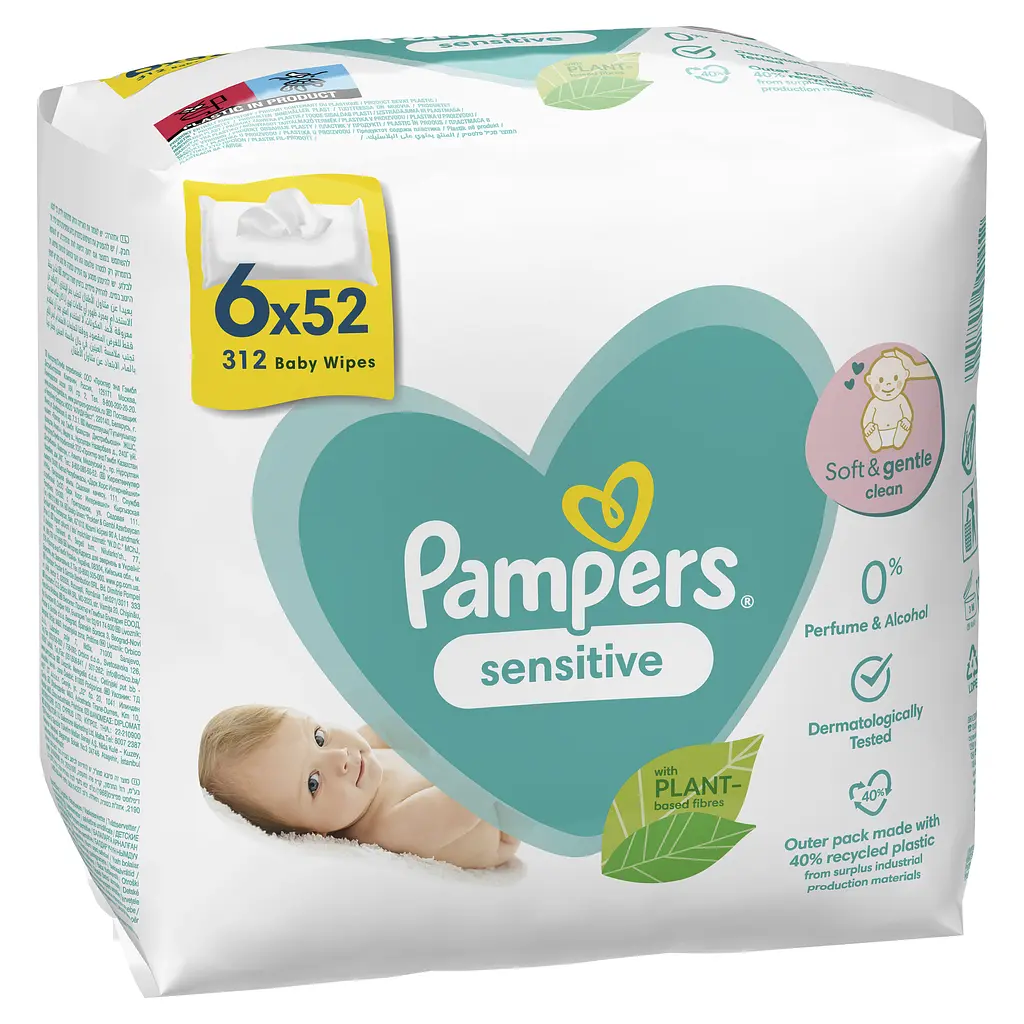 Детские влажные салфетки Pampers Sensitive 312 шт. (6 уп. по 52 шт.) - фото 3