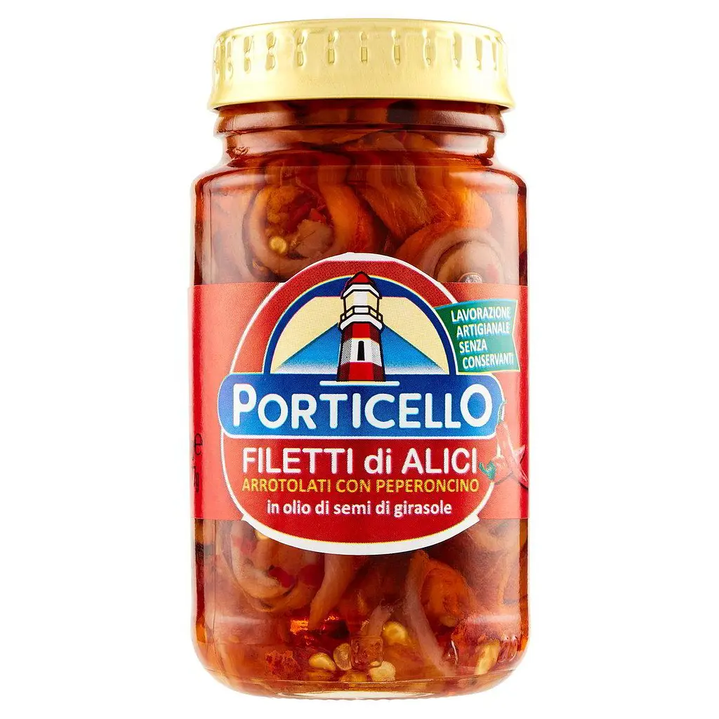 Філе анчоусів Porticello Filetti di alici con paperoncino в олії з перцем 140 г