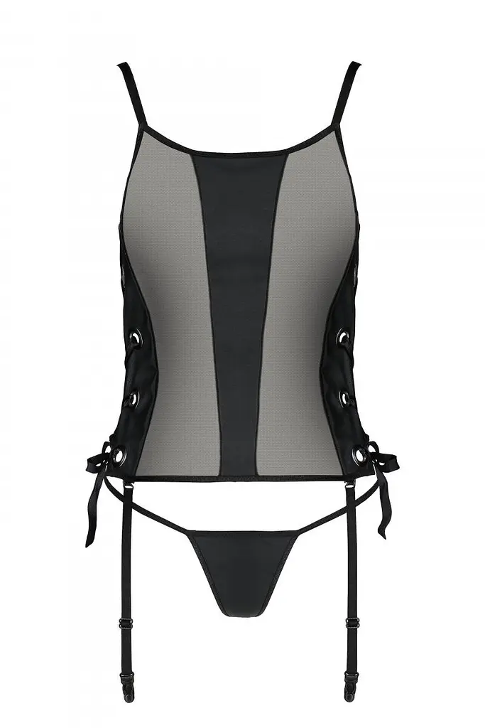 Сітчастий корсет з еко-шкіри з люверсами та знімними пажами Passion Malwia Corset, L/XL (чорний) - фото 3