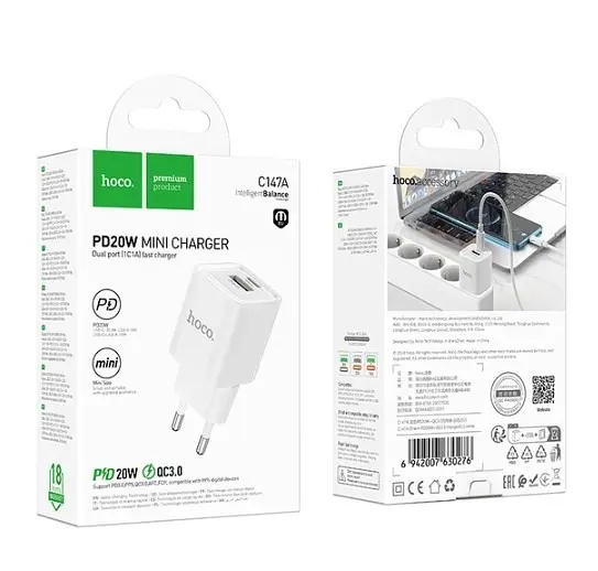 Мережевий зарядний пристрій Hoco C147A Charm на 2 виходи 1хUSB / 1хType-C 20W з швидкою зарядкою - фото 3