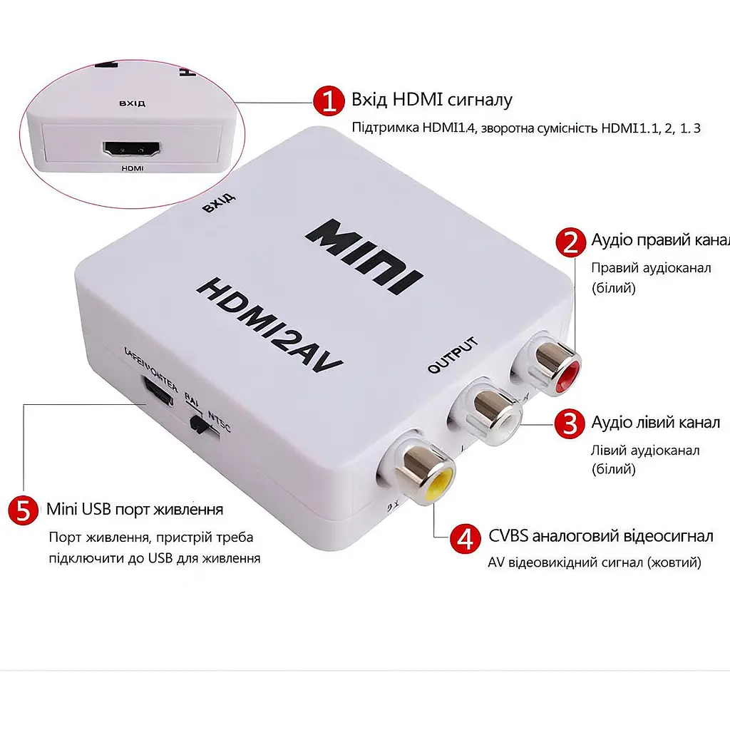 Перехідник HDMI в AV (RCA тюльпан) адаптер. Чорний - фото 4
