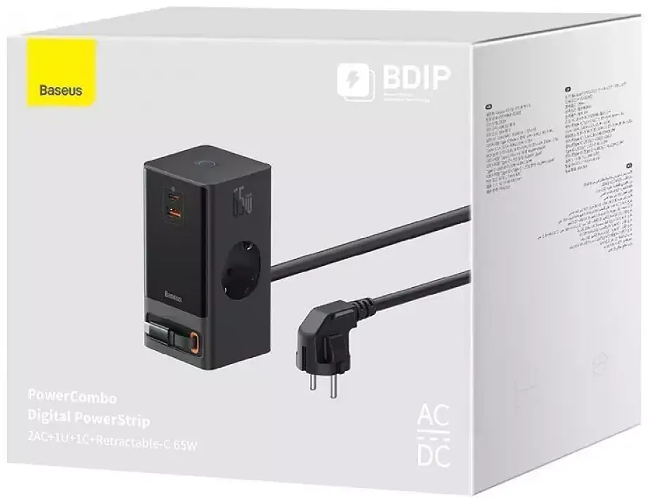 МЗП Baseus Power Combo Digital Power Strip 2AC+USB+Type-C+Retractable-C 65W with 1.5m Power Cord PSLR000301 Black - фото 8
