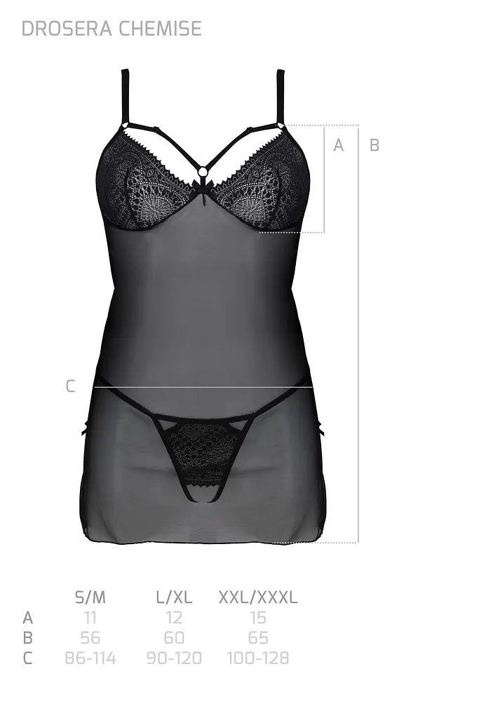 Пеньюар Passion DROSERA CHEMISE black, S/M, мереживний ліф зі стрепами, трусики в комплекті - фото 5