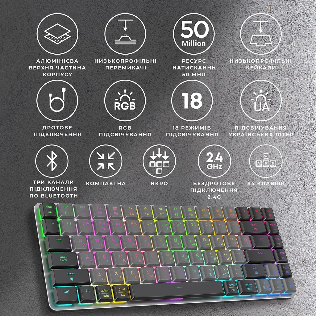 Клавиатура GamePro Red Swich Low Profile RGB Wireless Bluetooth USB Dark Gray беспроводная (MK230R) - фото 14