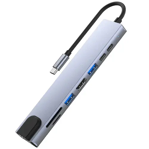 Хаб USB GTL "8-in-1", Grey, Type-C 3.1 - 1xType-C (100 Вт) / 1xType-C 2.0 / 1xUSB 3.0 / 1xUSB 2.0 / HDMI / GLan / microSD / SD, кабель 15 см, алюмінієвий корпус (GTLHUB8IN1) - фото 3