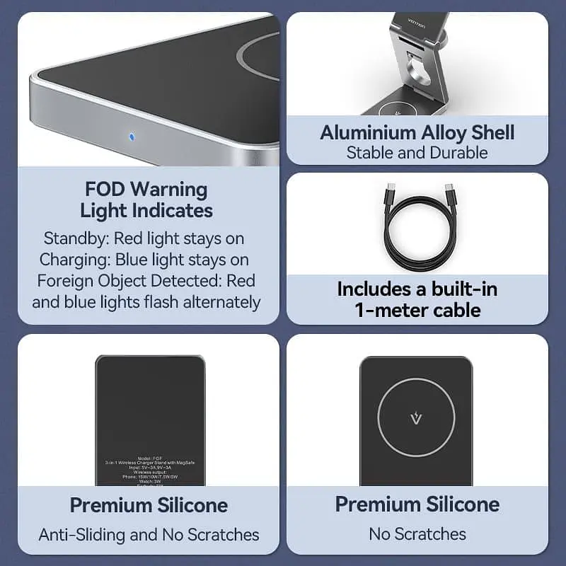 Зарядное устройство Vention 15W 3-in-1 Magnetic Wireless Fast Charger Gray (FGFH0) - фото 11