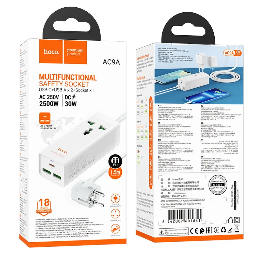 Мережевий зарядний пристрій подовжувач Hoco AC9A 2 USB/Type-C PD QC 30W 1 розетка 1.5m білий - фото 5