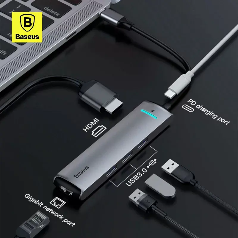 USB-хаб Baseus Mechanical Eye 6-in-1 Type-C to 3xUSB3.0+RJ-45+HDXiaomi CAHUB-J0G Grey - фото 4