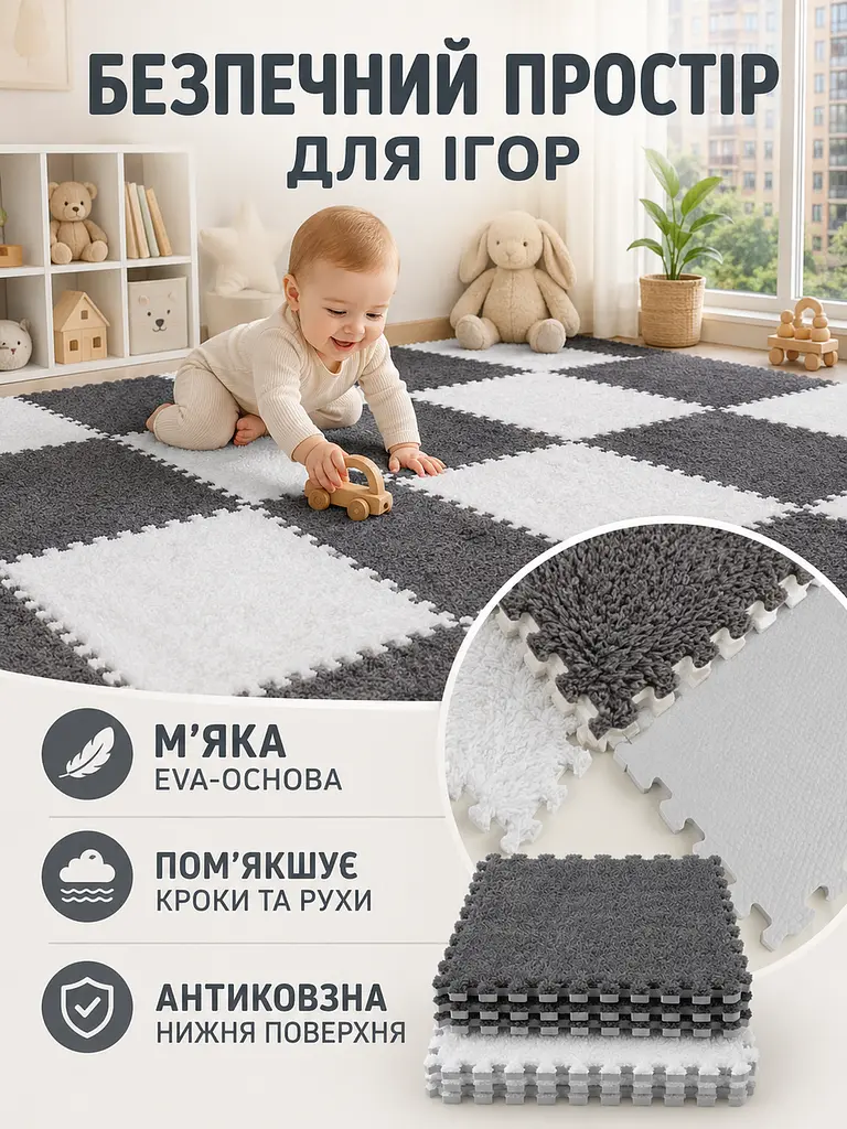 Плюшевий килимок-пазл сіро-білий 30 × 30 см 20 шт. м’який дитячий підлоговий (49675922) - фото 4