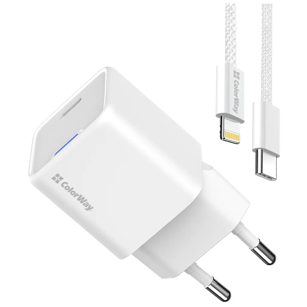 Зарядний пристрій ColorWay C101D GaN Mini 20 Вт PD PPS USB-C + кабель USB-C — Lightning білий (CW-CHS059PDL-WT) - фото 5