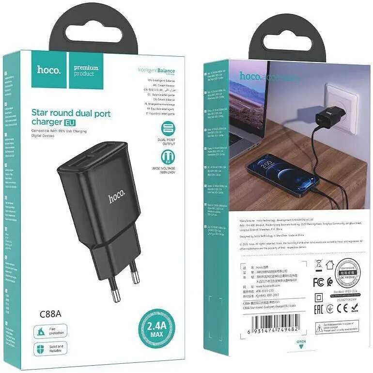 Мережевий зарядний пристрій Hoco C88A 2-USB Black [118821] - фото 6