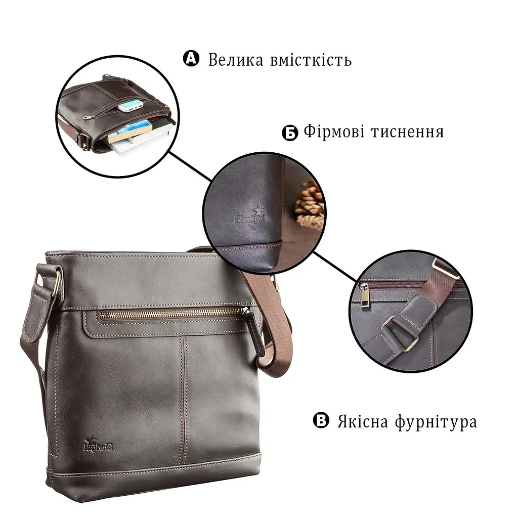 Сумка багатофункціональна чоловіча SHVIGEL 11178 в гладкій шкірі коричневий - фото 4