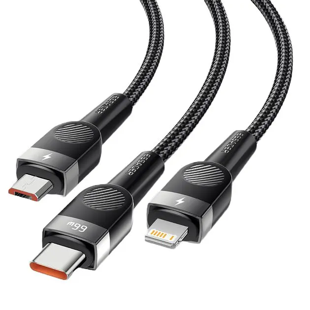 Кабель Essager зарядний 3 в 1 USB 66W Micro + Type C + Lightning 1.2 Black (6975253971800) - фото 3