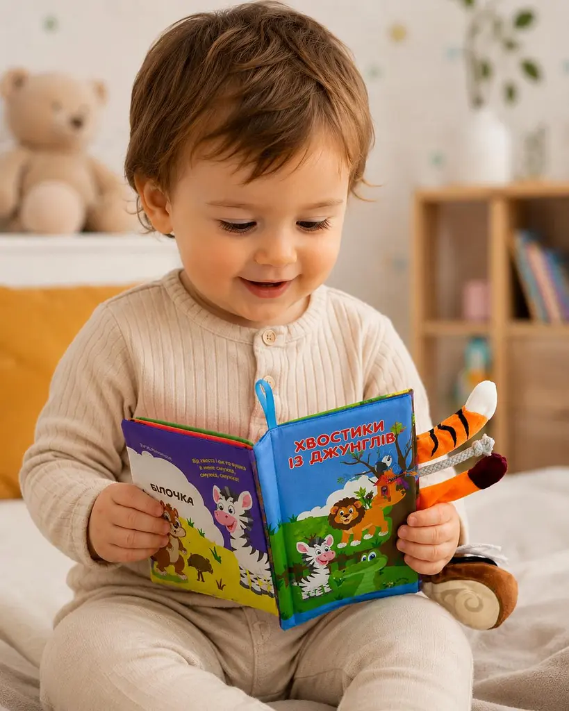 Книжка шуршалка Світ джунглів хвостики для малюка розвиваюча сенсорна з тваринами, українська мова, пискавка (CK0031) - фото 8