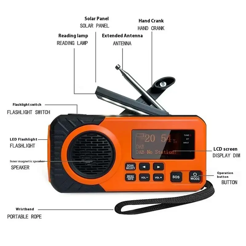 Аварійне радіо DAB375BT DAB/FM з портативним зовнішнім акумулятором ємністю 5000 мА·год, зарядкою від сонячної батареї/ручки - фото 4