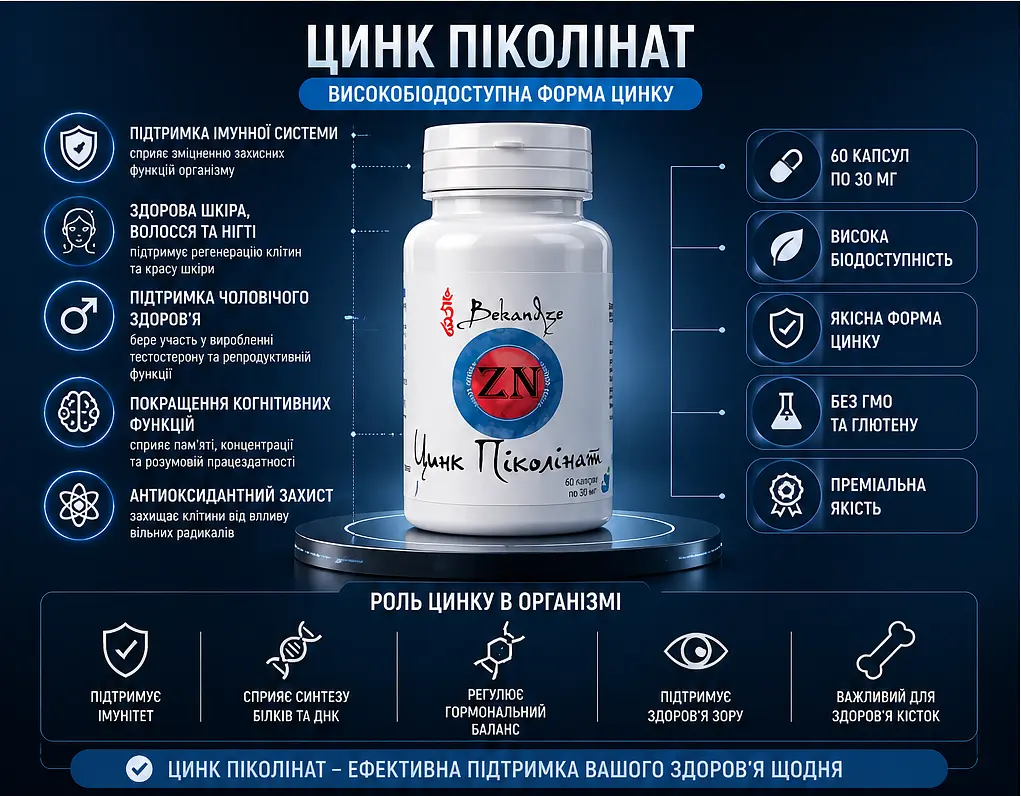 Цинк піколінат 50 мг — при зниженому тонусі імунітету, проблемах зі шкірою та волоссям, гормональному дисбалансі, 60 капсул - фото 3