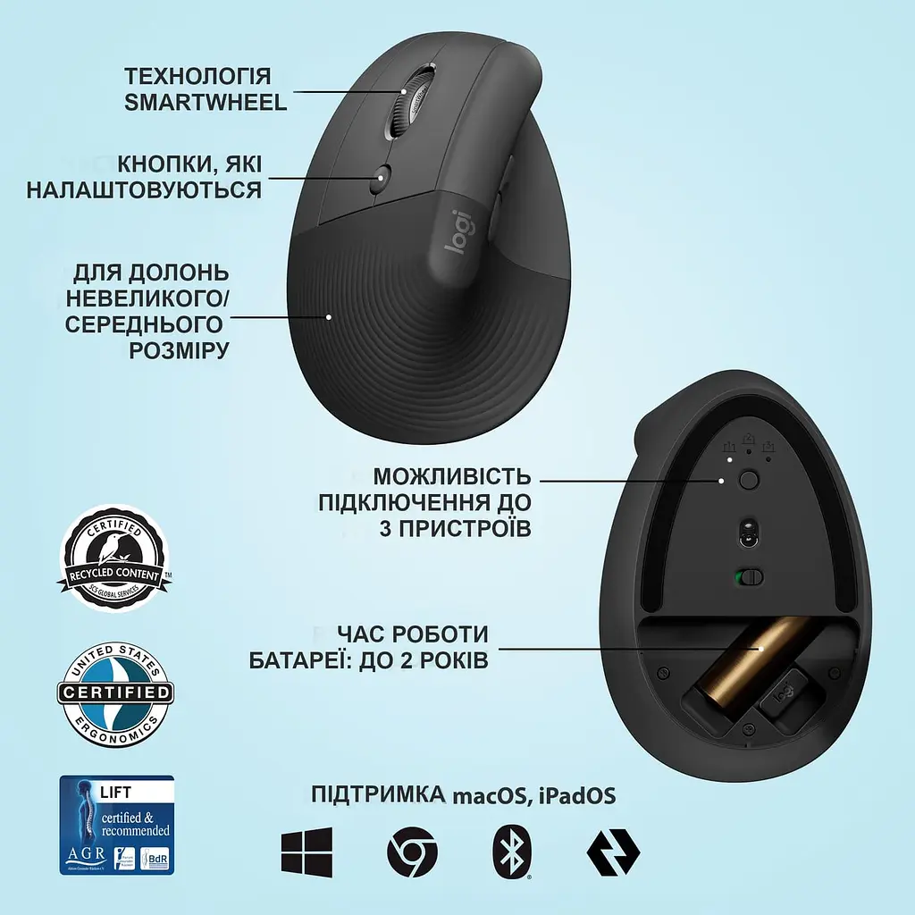 Бездротова миша Logitech Lift Left Vertical Ergonomic Mouse Wireless/Bluetooth Graphite (910-006474) - фото 6