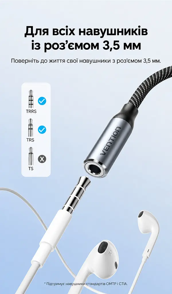 Аудіоадаптер Vention зі штекера USB-C на гніздо 3,5 мм з ЦАП DAC 16 біт 48 кГц з підтримкою дзвінків через гарнітуру TRRS з підтримкою пульта гарнітури залежно від телефона для навушників TRS та гарнітур OMTP і CTIA з бавовняним обплетенням кабелю з кабелем 0,15 м сірий (BIMHB) - фото 3