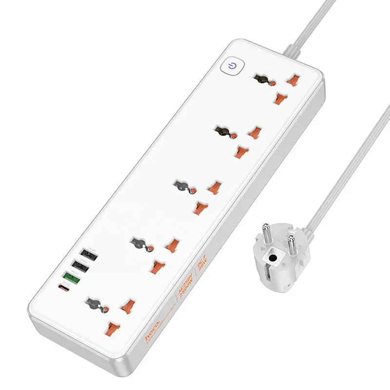 Подовжувач AC14A Rico PD30W (3USB-A/1C/5xSocket) (1.5 m) White Hoco teh0029519 - фото 4