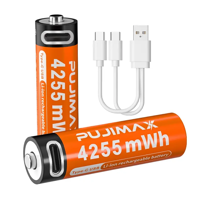 Акумулятори пальчикові AA з входом USB Type-C 4255mWh 1.5V акумуляторні батареї з роз'ємом для заряджання Pujimax 2шт з кабелем