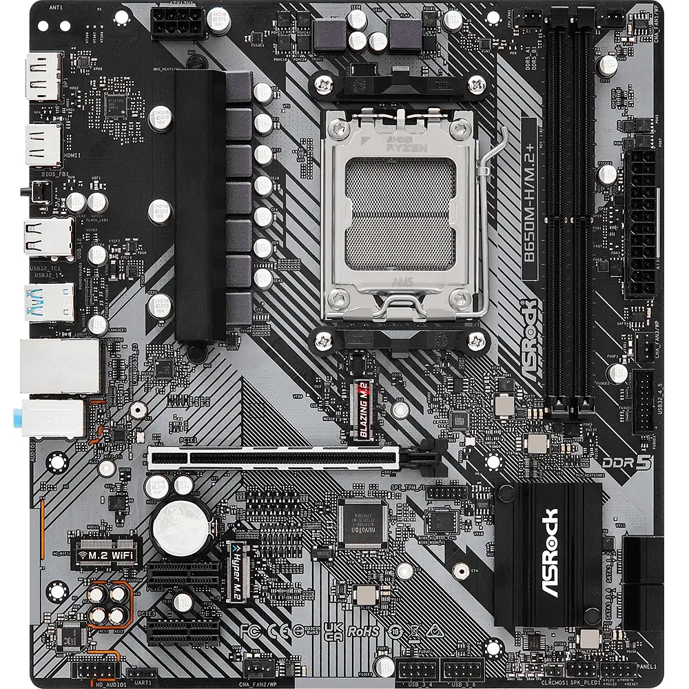 Материнська плата ASRock B650M-H/M.2+ (AM5/B650, 2*DDR5, PCIex16, DP/HDMI, 4xSATAІІІ, 2xM.2, GLan, 7.1ch, mATX) - фото 6