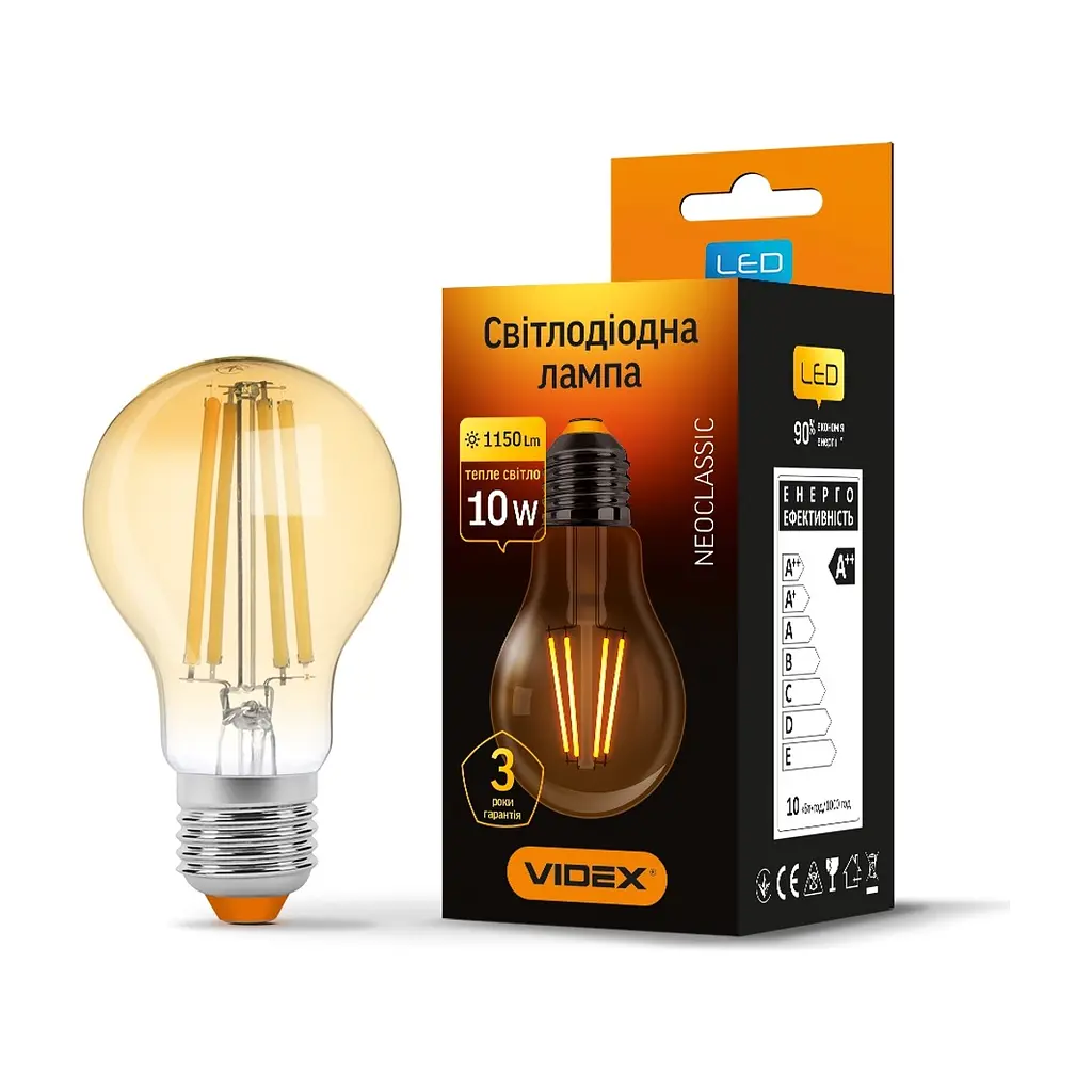 Лампочка Videx Filament A60FA 10W E27 2200K 220V (VL-A60FA-10272) - фото 2