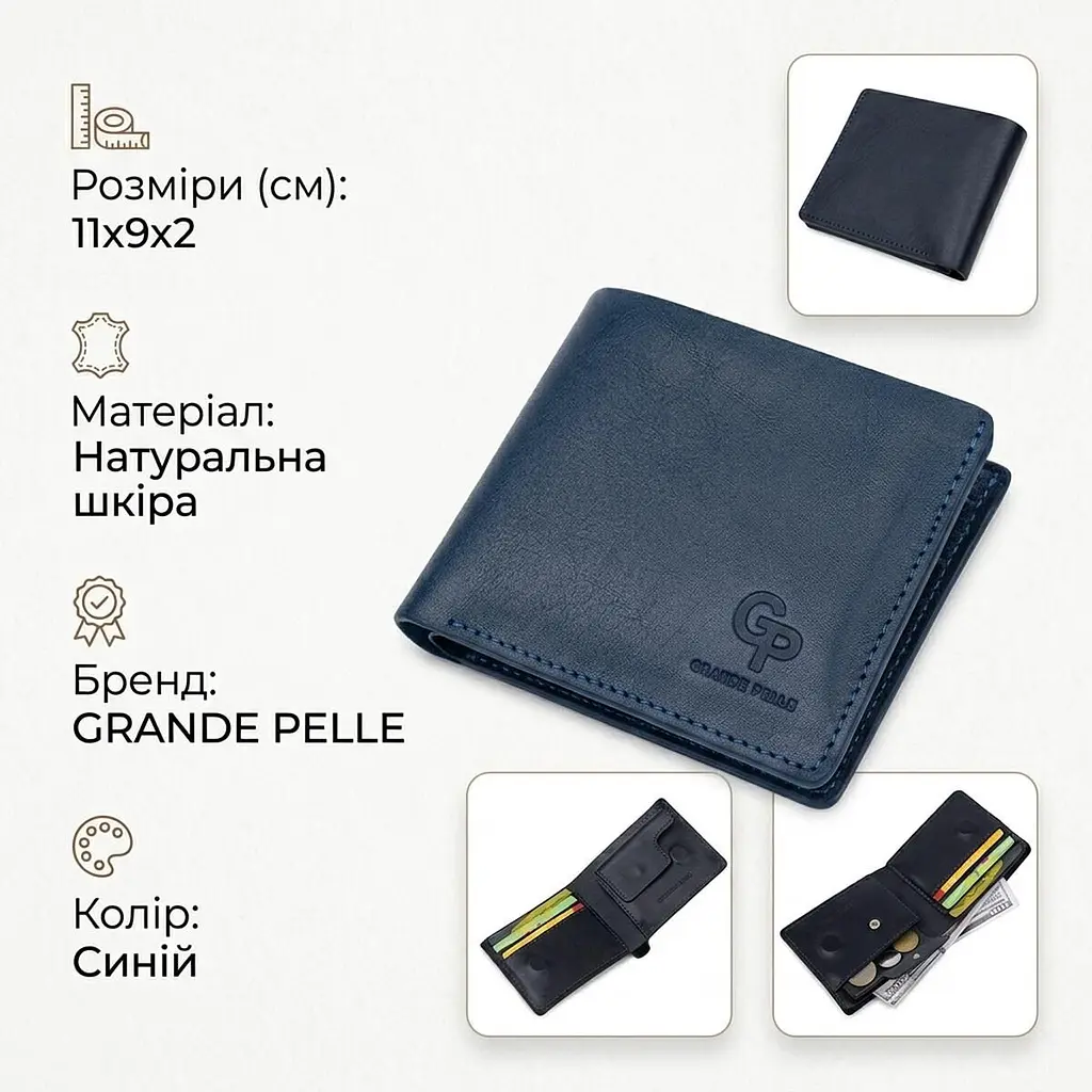 Шкіряне чоловіче стильне портмоне Grande Pelle 11552 темно-синій - фото 3
