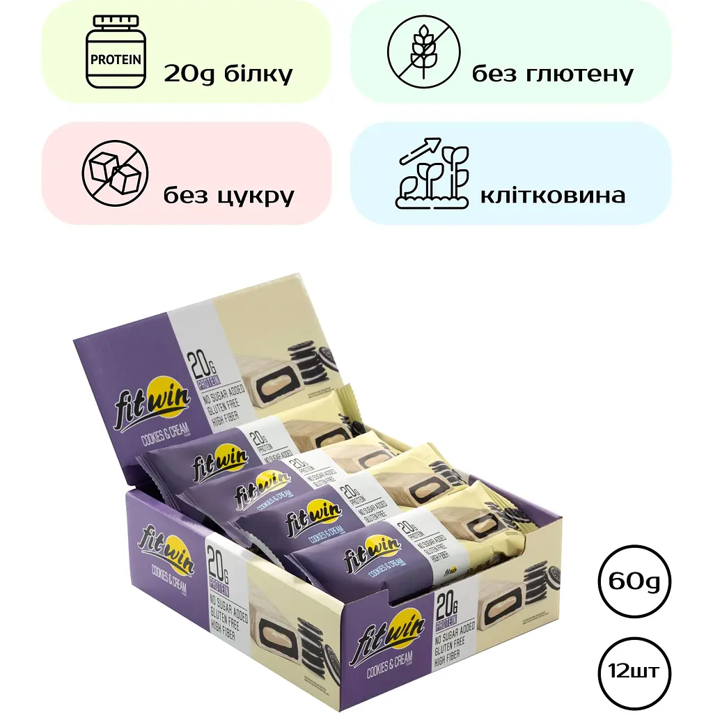 Набор протеиновых батончиков FitWin Cookies Cream 12шт. х 60 г - фото 2