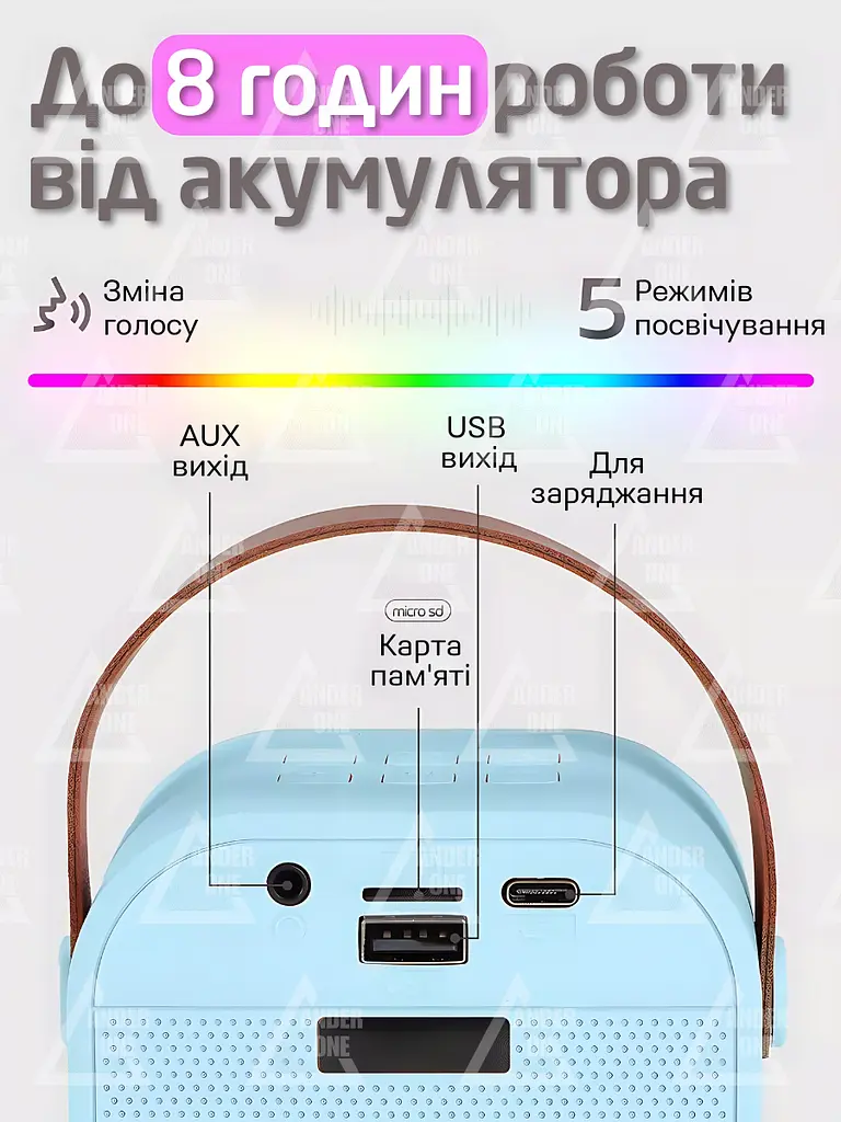 Бездротова колонка караоке з двома мікрофонами RGB підсвічування 5 режимів транслітерації 4 голоси сумісність із 3-ма пристроями 8 - фото 5