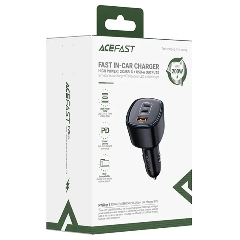 АЗП B18 PD100W+QC3.0 200W (1USB-A/2C) Black Acefast teh0029934 - фото 5