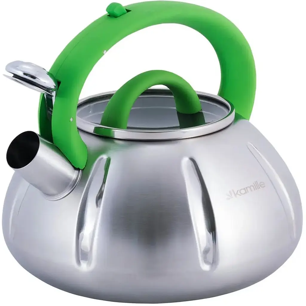 Чайник Kamille з нержавіючої сталі зі свистком зелена ручка 3 л (0671) - фото 2