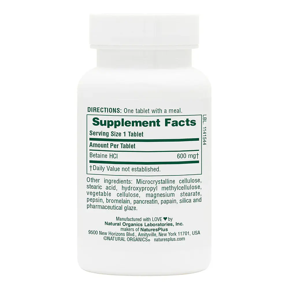 Натуральна добавка Natures Plus Betaine Hydrochloride 600 mg, 90 таблеток - фото 2