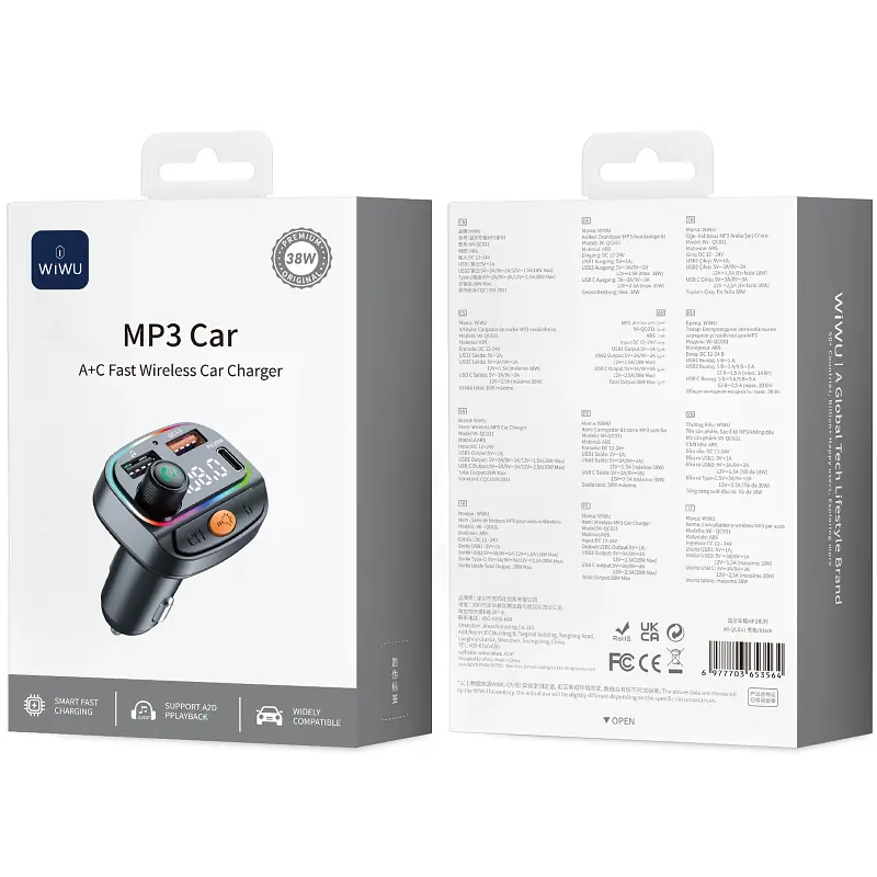 АЗП FM модулятор WIWU QC031 MP3 Car PD20W+QC3.0 2USB-A/1C Black - фото 2