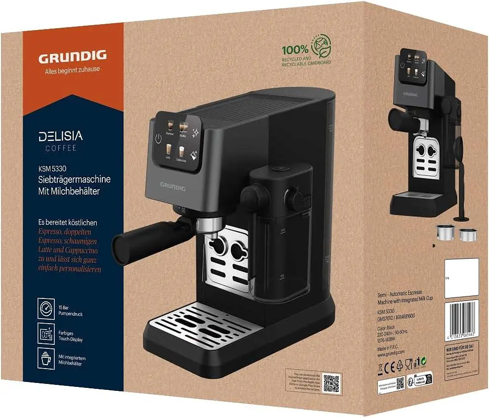Кофемашина GRUNDIG KSM 5330 со встроенным контейнером для молока, мощность 1628 Вт, давление насоса 15 бар, двойная насадка - фото 4