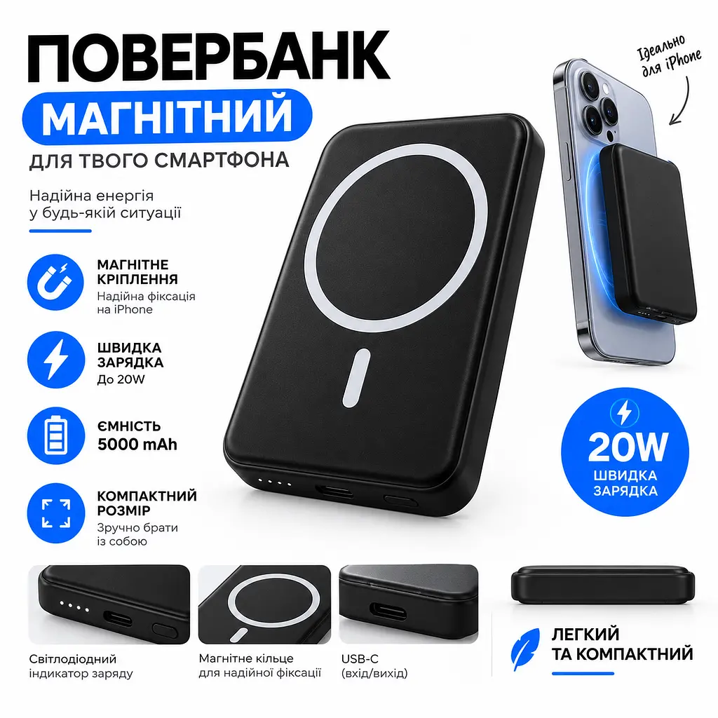 Магнітний повербанк 5000 мА·год MagSafe для iPhone та Android. Чорний - фото 2