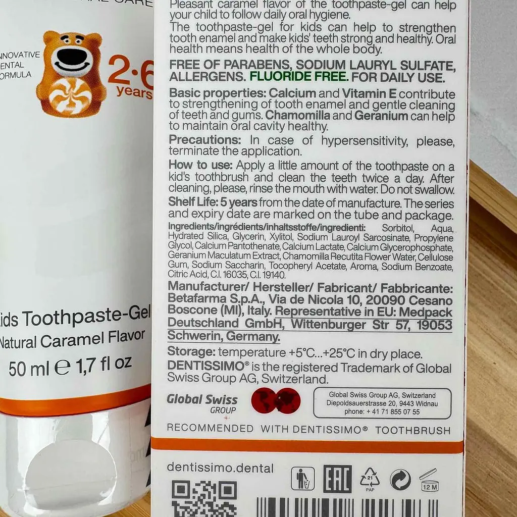 Зубна паста-гель Dentissimo Kids від 2 до 6 років (без фтору, смак карамелі) 50 мл - фото 3