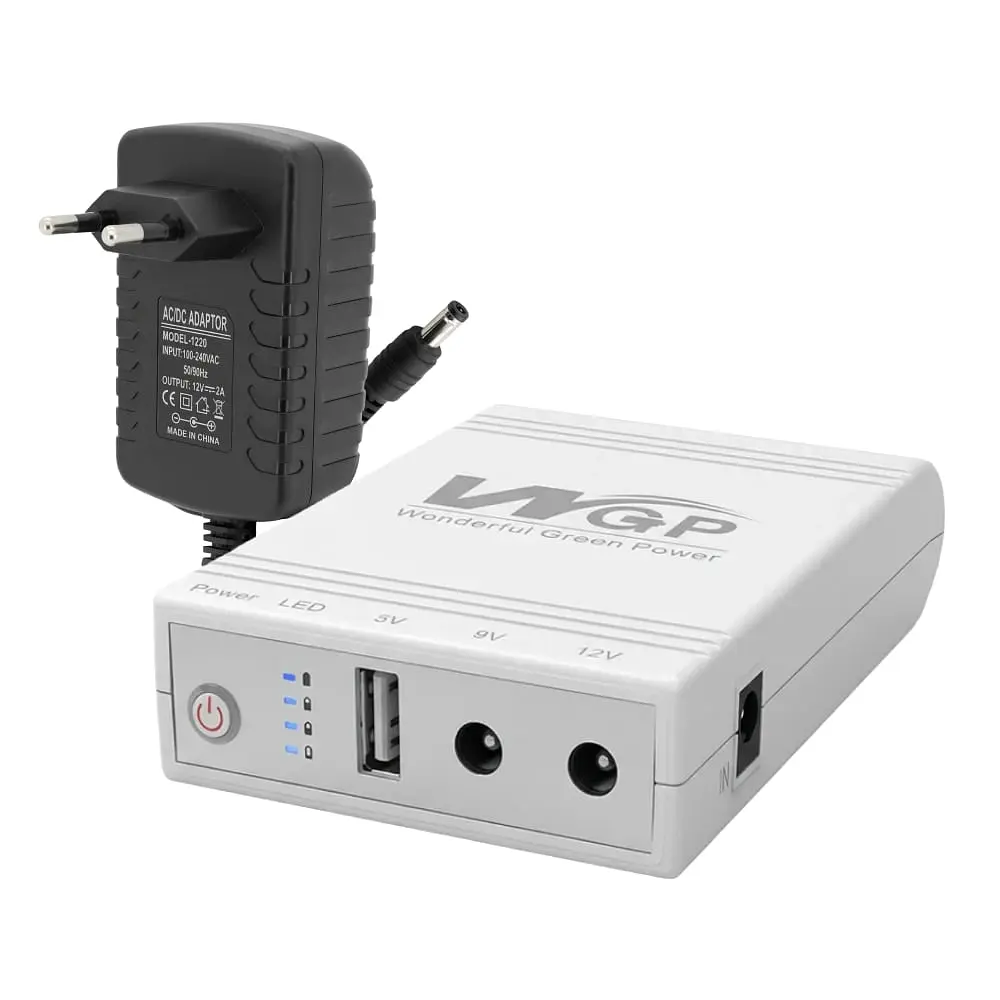 Комплект Mini UPS з блоком живлення: джерело безперебійного живлення Mini UPS WGP UPS103A White 10400mAh 5V/9V/12V, Li-ion 4*2.6Ah, для роутера і оптичного термінала та блок живлення SPF-1202B 12V/2A (24W) (42-00262)