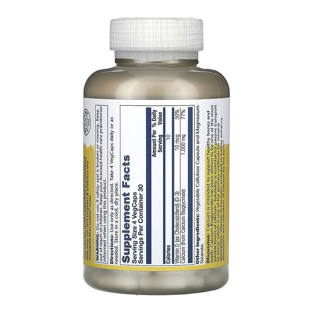 Кальцій Solaray 1000 мг (Calcium Bisglycinate with Vitamin D-3) - 120 веганських капсул - фото 2